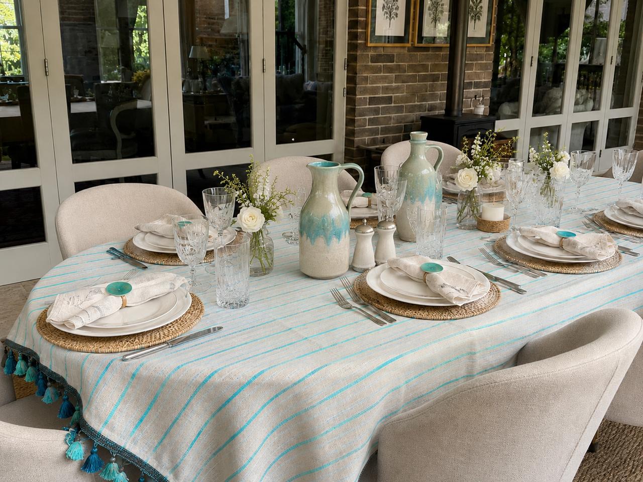Aegean Natural Woven Tablecloth with Turquoise Stripe and Tassel Trim - Image 3