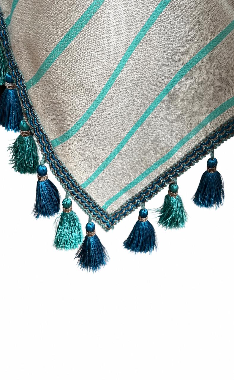 Aegean Natural Woven Tablecloth with Turquoise Stripe and Tassel Trim