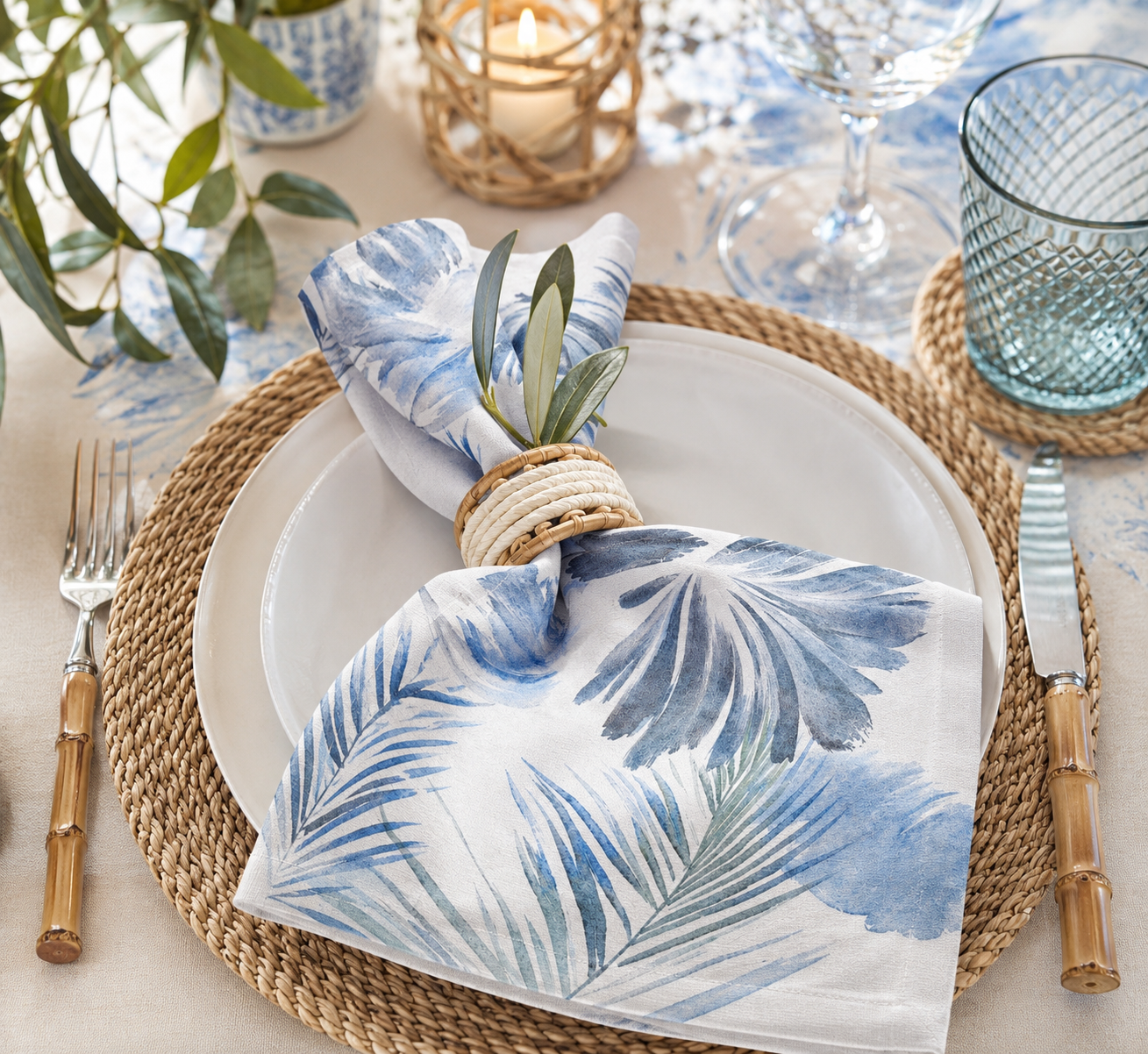 Blue Palm Cotton Table Napkin 1