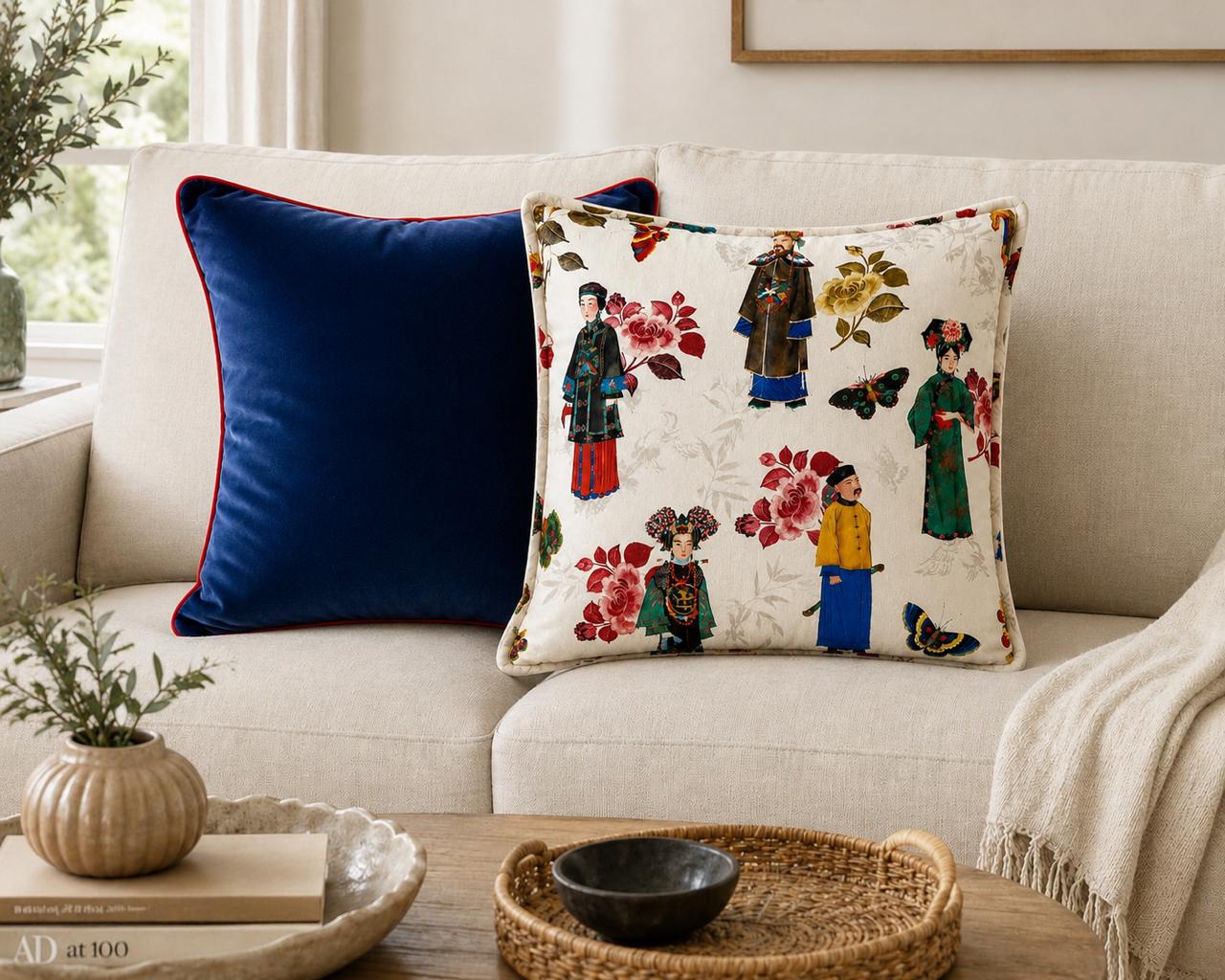 de rust navy velour scatter cushion cover with orange piping 1