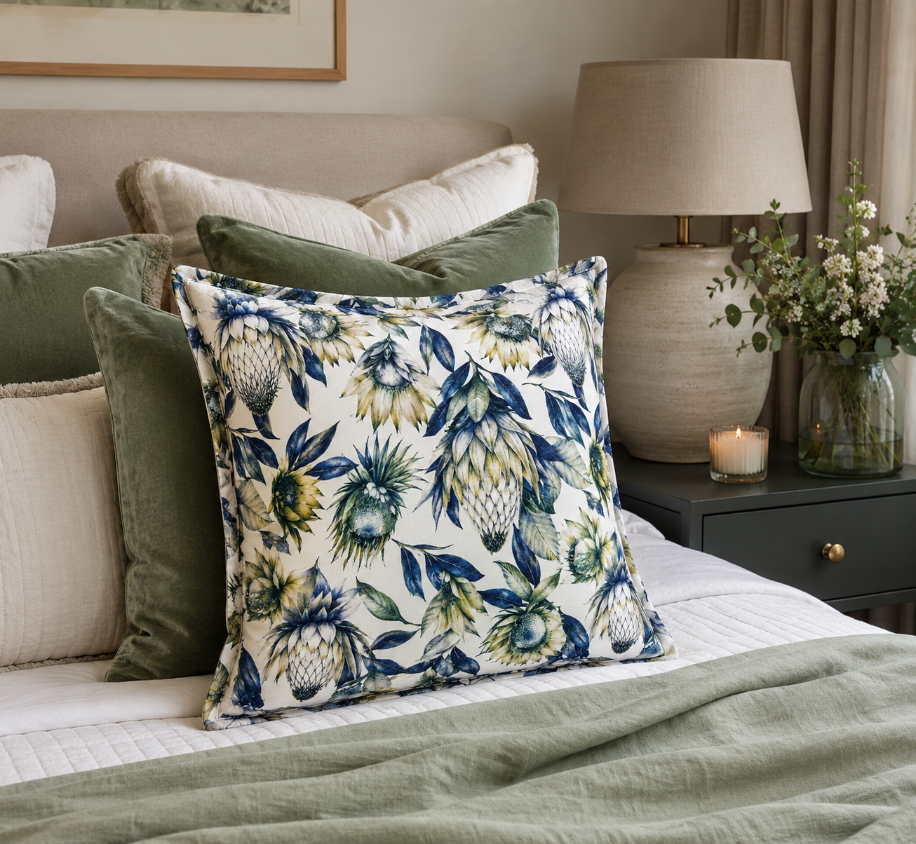 elgin blue protea velour scatter cushion cover 2