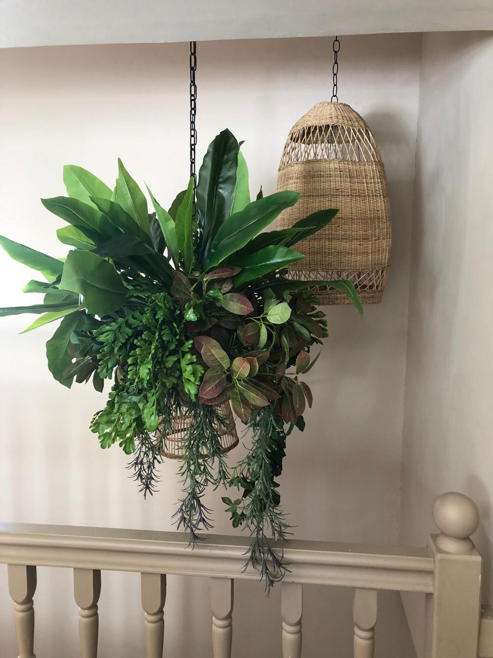 hanging kokedama botanical greenery arrangement with rope 6