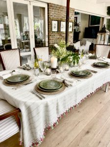 newlands pale green stripe linen tablecloth with tassel trim 2