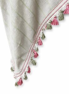 newlands pale green stripe linen tablecloth with tassel trim