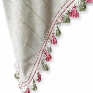 newlands pale green stripe linen tablecloth with tassel trim