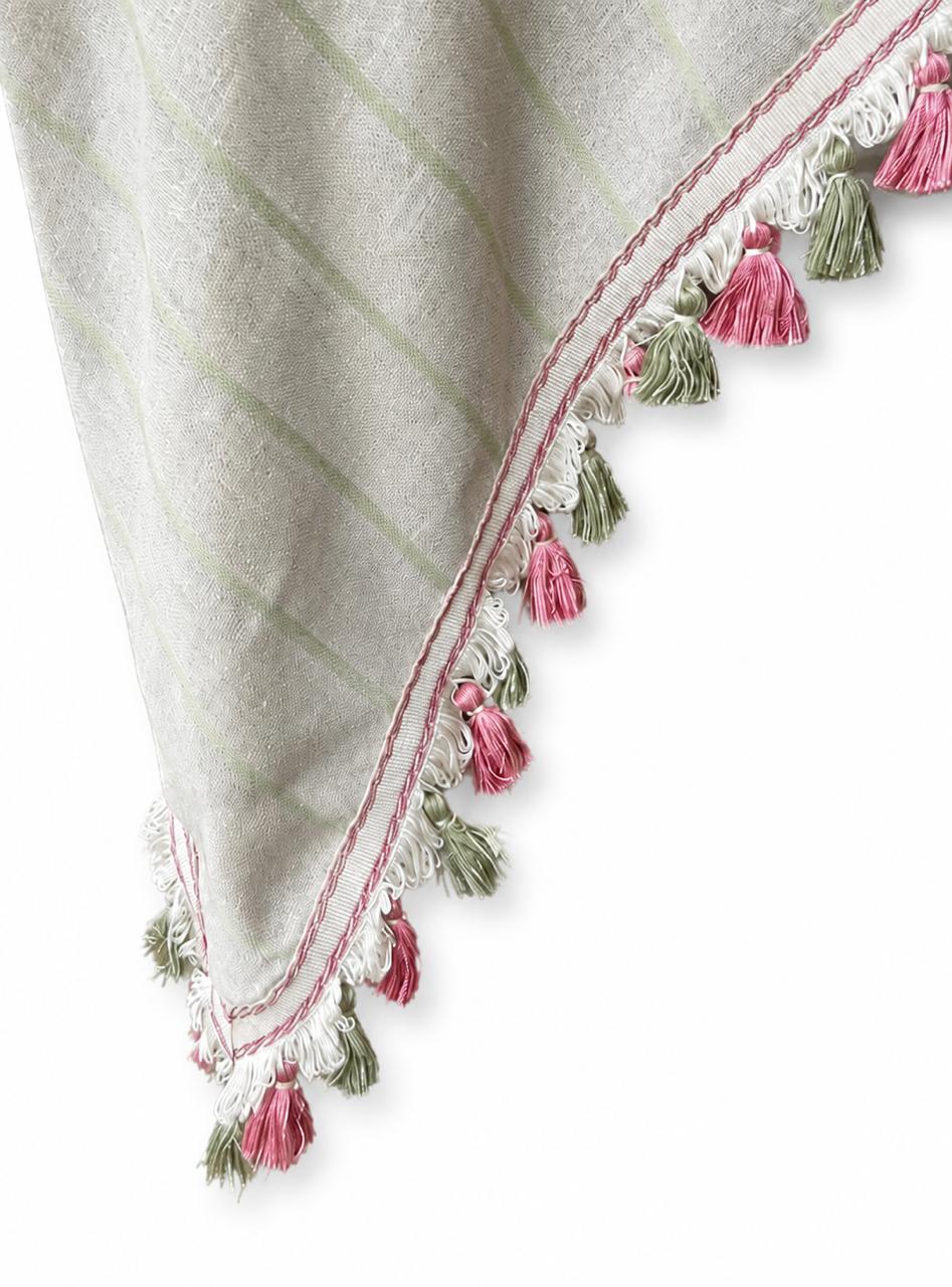 newlands pale green stripe linen tablecloth with tassel trim