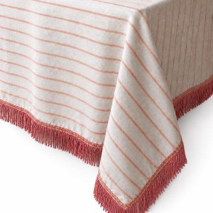 Riviera Natural Woven Tablecloth with Coral Stripe and Fringe Trim