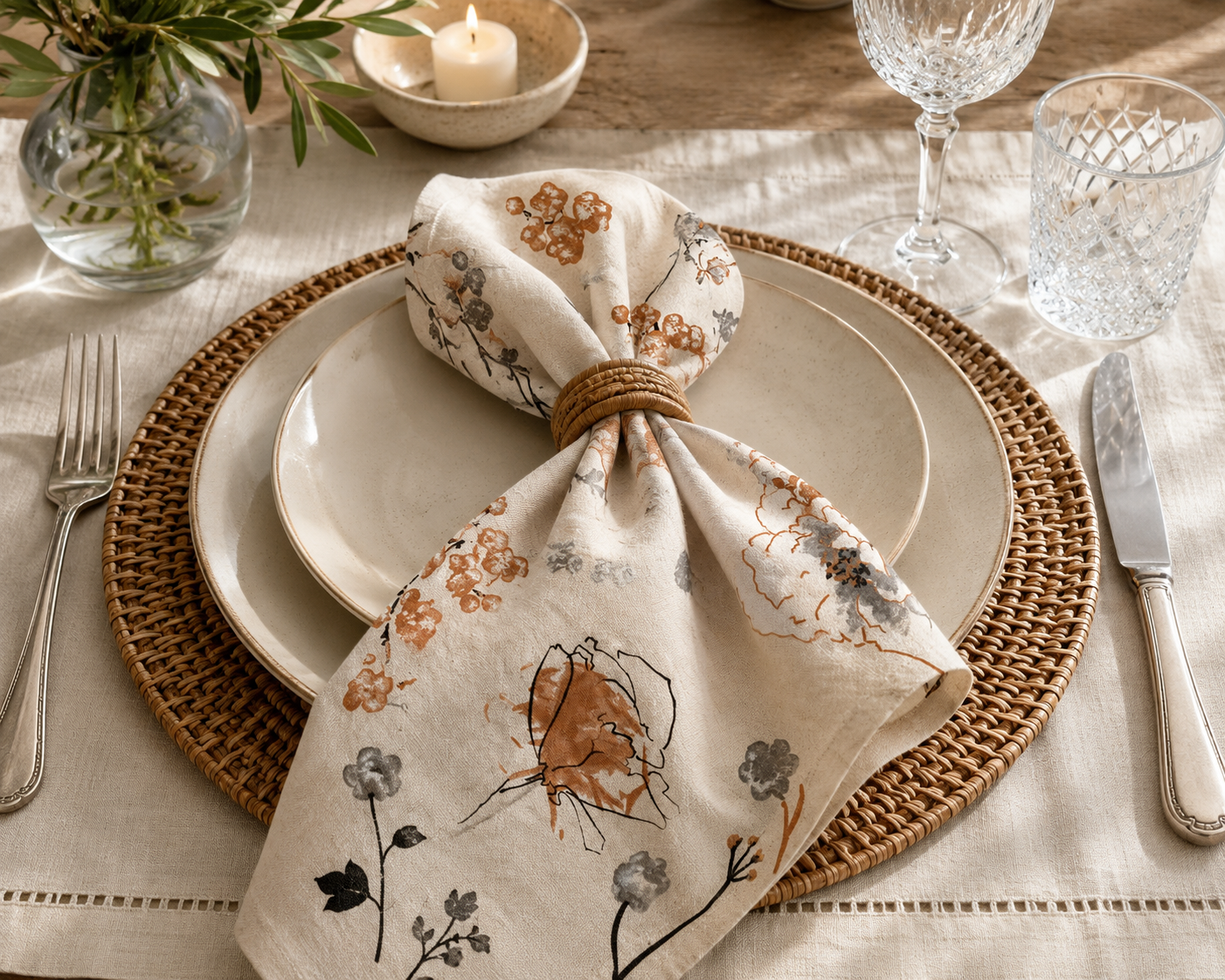 Rust Sketch Bloom Poly Cotton Table Napkin 1