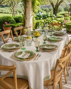tokai white tablecloth with green trim 1